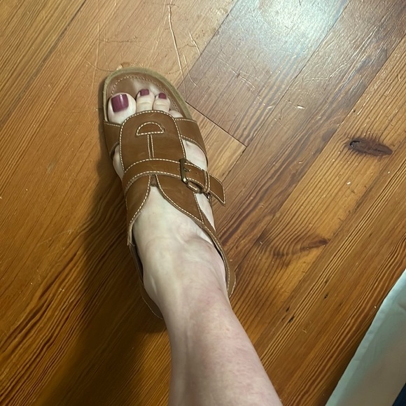 Women’s Dark Tan Leather Wooden Heeled Sandals - Picture 7 of 11